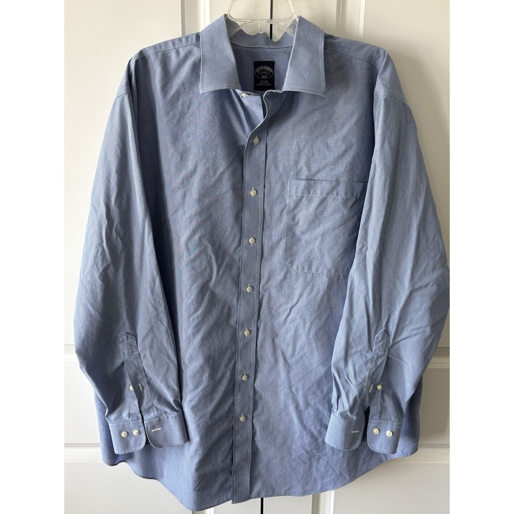 Brooks Brothers Dress Shirt Mens 18 34/35 Blue White Plaid Non Iron Classic Fit
